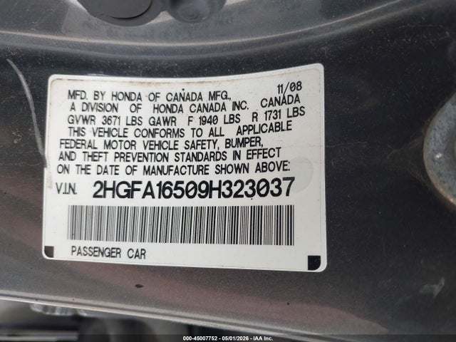 45007752 :رقم المزاد ، 2HGFA16509H323037 vin ، 2009 Honda Civic Lx مزاد بيع