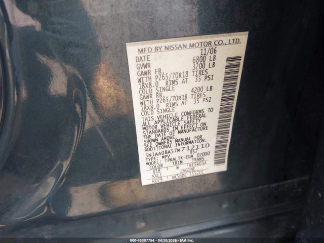 45007754 :رقم المزاد ، 5N1AA08A57N712110 vin ، 2007 Nissan Armada Se مزاد بيع