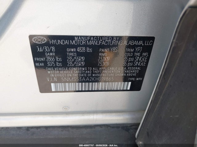 Aukcja sprzedaży 2019 Hyundai Santa Fe Ultimate 2.0t, vin: 5NMS53AA2KH019865, numer aukcji: 45007757