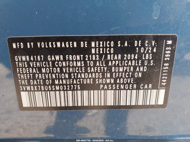 45007758 :رقم المزاد ، 3VWBX7BU5SM032775 vin ، 2025 Volkswagen Jetta 1.5t Sport مزاد بيع