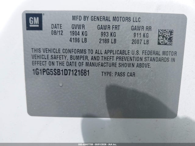 45007759 :رقم المزاد ، 1G1PG5SB1D7121681 vin ، 2013 Chevrolet Cruze Ltz مزاد بيع