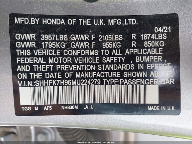 Aukcja sprzedaży 2021 Honda Civic Sport Touring, vin: SHHFK7H96MU224279, numer aukcji: 45007771