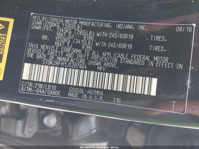 45007774 :رقم المزاد ، 5TDKZRFH1JS287864 vin ، 2018 Toyota Highlander Xle مزاد بيع