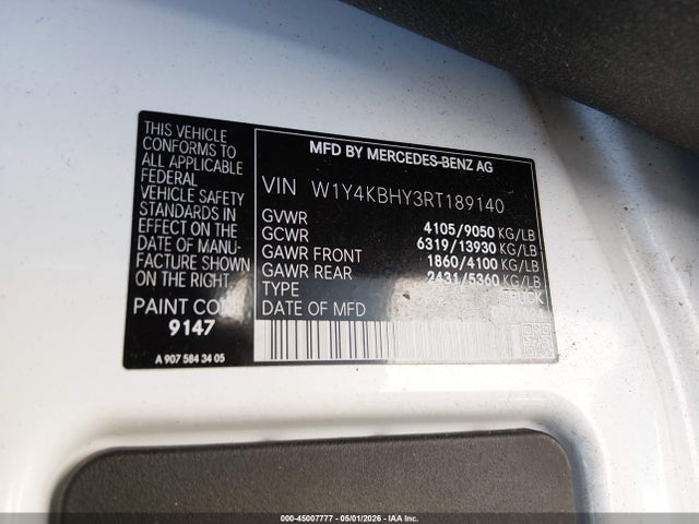 W1Y4KBHY3RT189140 Mercedes-Benz Sprinter 2500 Standard Roof 4-cyl Diesel