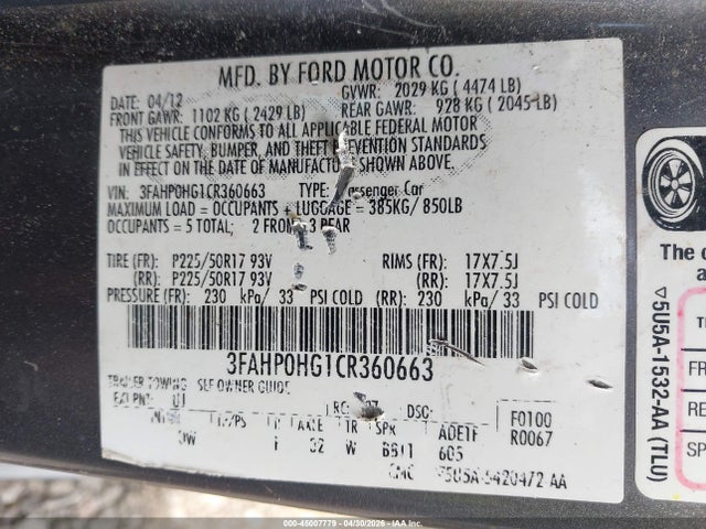 Продаж на аукціоні авто 2012 Ford Fusion Se, vin: 3FAHP0HG1CR360663, номер лоту: 45007779