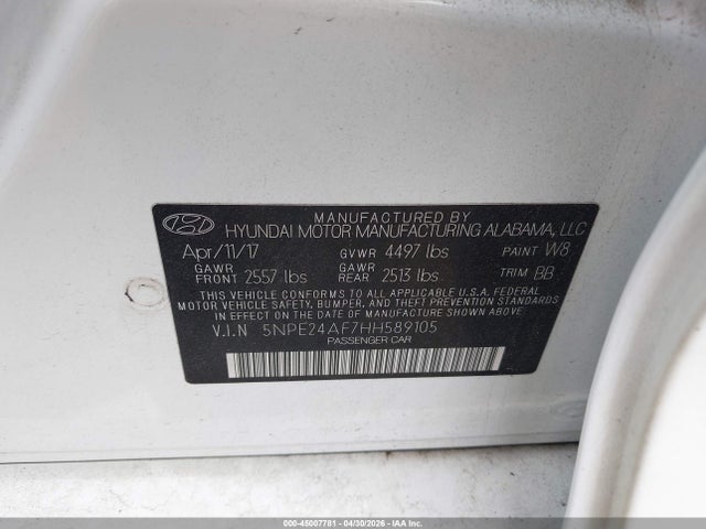 Aukcja sprzedaży 2017 Hyundai Sonata Se, vin: 5NPE24AF7HH589105, numer aukcji: 45007781