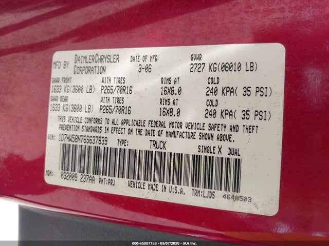 Aukcja sprzedaży 2006 Dodge Dakota Laramie, vin: 1D7HW58N76S637839, numer aukcji: 45007788