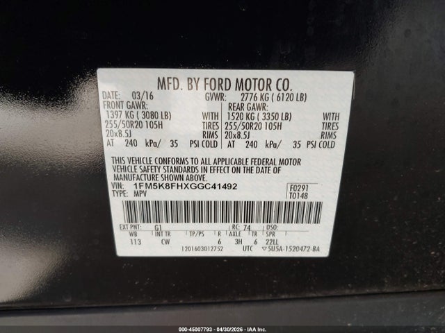 1FM5K8FHXGGC41492 Ford Explorer Limited