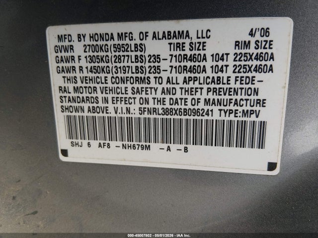 Продаж на аукціоні авто 2006 Honda Odyssey Touring, vin: 5FNRL388X6B096241, номер лоту: 45007802