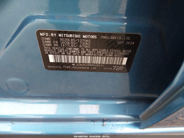 Aukcja sprzedaży 2024 Mitsubishi Mirage Es/le, vin: ML32AUHJXRH028531, numer aukcji: 45007804
