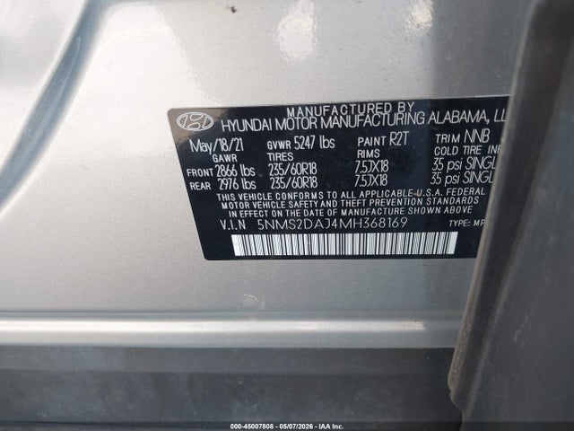 2021 Hyundai Santa Fe Sel მანქანა იყიდება აუქციონზე, vin: 5NMS2DAJ4MH368169, აუქციონის ნომერი: 45007808