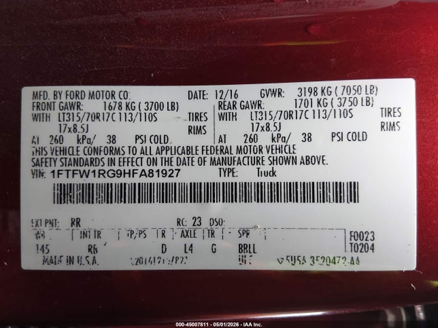 Ford F-150 Raptor 2017 1FTFW1RG9HFA81927 Image 9