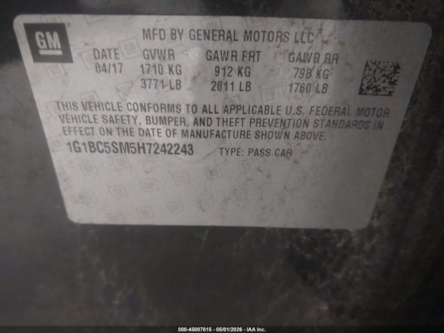 45007815 :رقم المزاد ، 1G1BC5SM5H7242243 vin ، 2017 Chevrolet Cruze Ls Auto مزاد بيع