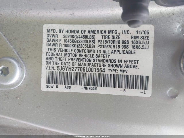 2006 Honda Element Ex-p მანქანა იყიდება აუქციონზე, vin: 5J6YH27706L001564, აუქციონის ნომერი: 45007819