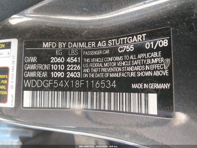 45007822 :رقم المزاد ، WDDGF54X18F116534 vin ، 2008 Mercedes-benz C 300 Luxury/sport مزاد بيع