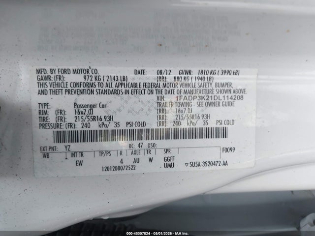 Aukcja sprzedaży 2013 Ford Focus Se, vin: 1FADP3K21DL114208, numer aukcji: 45007824