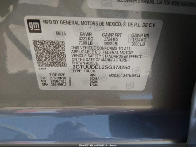 Продаж на аукціоні авто 2025 Gmc Sierra 1500 4wd  Short Box Slt, vin: 3GTUUDEL2SG378254, номер лоту: 45007828