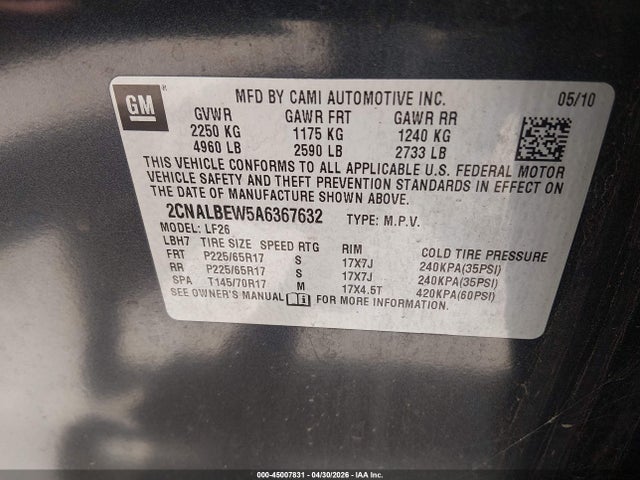 2010 Chevrolet Equinox Ls მანქანა იყიდება აუქციონზე, vin: 2CNALBEW5A6367632, აუქციონის ნომერი: 45007831