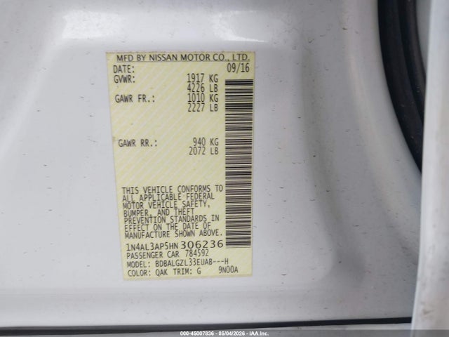 Продаж на аукціоні авто 2017 Nissan Altima 2.5 S, vin: 1N4AL3AP5HN306236, номер лоту: 45007836