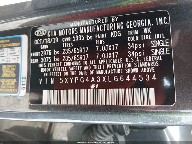 Aukcja sprzedaży 2020 Kia Sorento 2.4l Lx, vin: 5XYPG4A3XLG644534, numer aukcji: 45007839