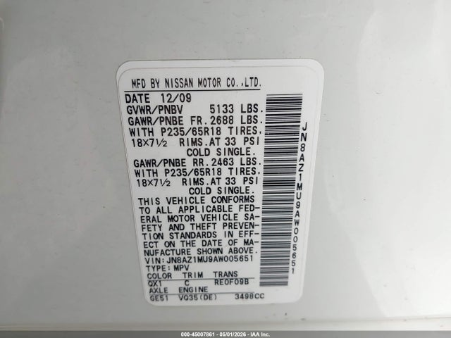 45007861 :رقم المزاد ، JN8AZ1MU9AW005651 vin ، 2010 Nissan Murano S مزاد بيع