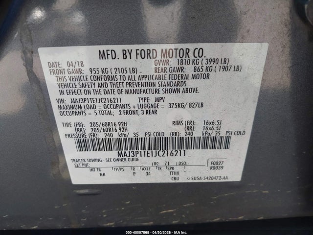 MAJ3P1TE1JC216211 Ford Ecosport Se