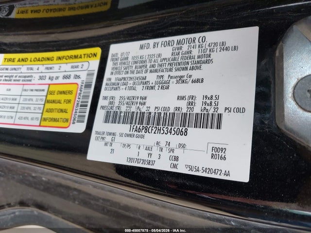 Продаж на аукціоні авто 2017 Ford Mustang Gt, vin: 1FA6P8CF2H5345068, номер лоту: 45007875