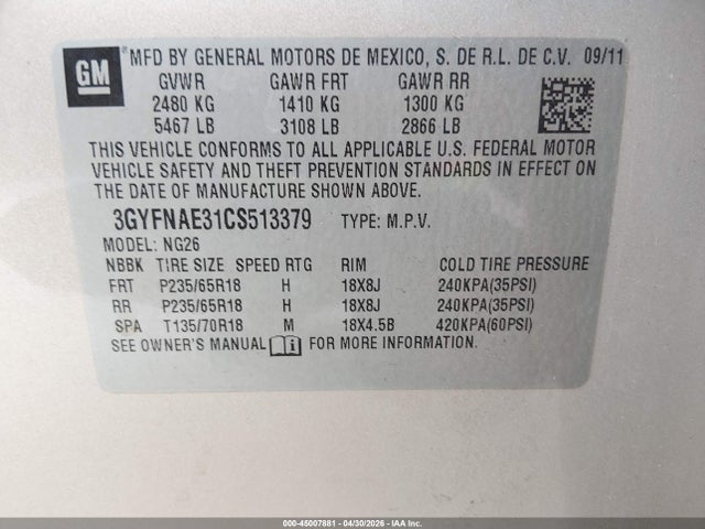 45007881 :رقم المزاد ، 3GYFNAE31CS513379 vin ، 2012 Cadillac Srx Luxury Collection مزاد بيع