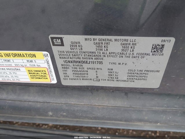 45007884 :رقم المزاد ، 1GNKRHKD6EJ191705 vin ، 2014 Chevrolet Traverse 2lt مزاد بيع