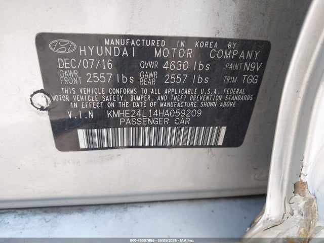 Aukcja sprzedaży 2017 Hyundai Sonata Hybrid Se, vin: KMHE24L14HA059209, numer aukcji: 45007885