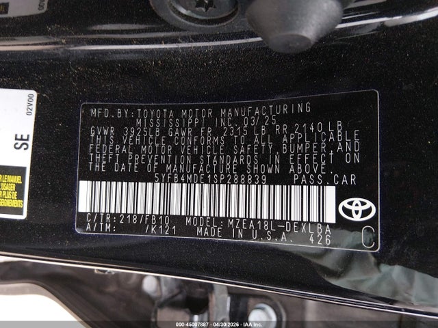 Aukcja sprzedaży 2025 Toyota Corolla Le, vin: 5YFB4MDE1SP288839, numer aukcji: 45007887