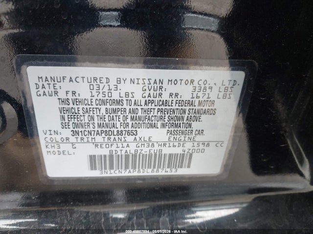 Aukcja sprzedaży 2013 Nissan Versa 1.6 Sv, vin: 3N1CN7AP8DL887653, numer aukcji: 45007894