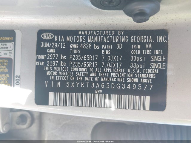 Продаж на аукціоні авто 2013 Kia Sorento Lx, vin: 5XYKT3A65DG349577, номер лоту: 45007898