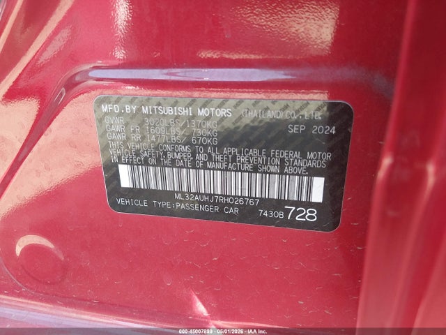 Продаж на аукціоні авто 2024 Mitsubishi Mirage Es/le, vin: ML32AUHJ7RH026767, номер лоту: 45007899