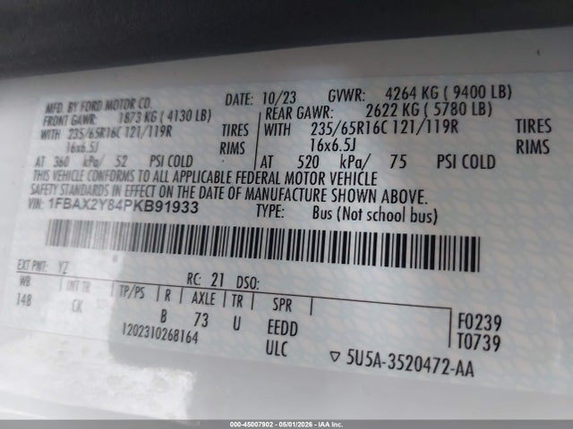 Продаж на аукціоні авто 2023 Ford Transit-350 Passenger Van Xlt, vin: 1FBAX2Y84PKB91933, номер лоту: 45007902