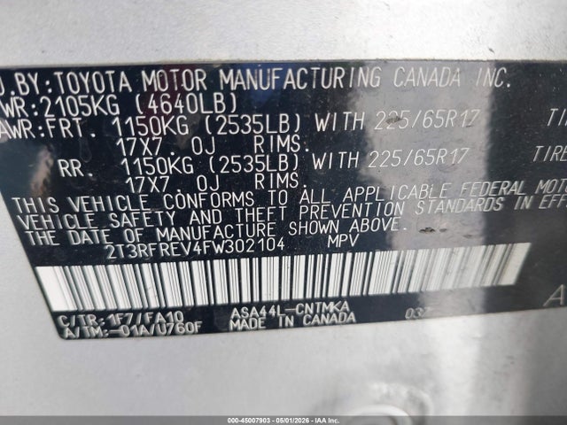 2T3RFREV4FW302104 Toyota Rav4 Xle