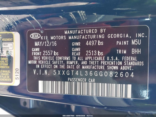 Продажа на аукционе авто 2016 Kia Optima Lx, vin: 5XXGT4L36GG082604, номер лота: 45007905