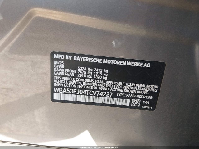 Aukcja sprzedaży 2026 Bmw 530i Xdrive, vin: WBA53FJ04TCV74227, numer aukcji: 45007913