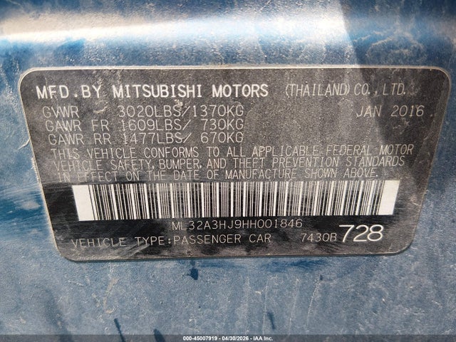 Продаж на аукціоні авто 2017 Mitsubishi Mirage Es, vin: ML32A3HJ9HH001846, номер лоту: 45007919