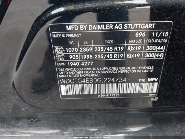 Aukcja sprzedaży 2016 Mercedes-benz Gla 250, vin: WDCTG4EB0GJ224734, numer aukcji: 45007924