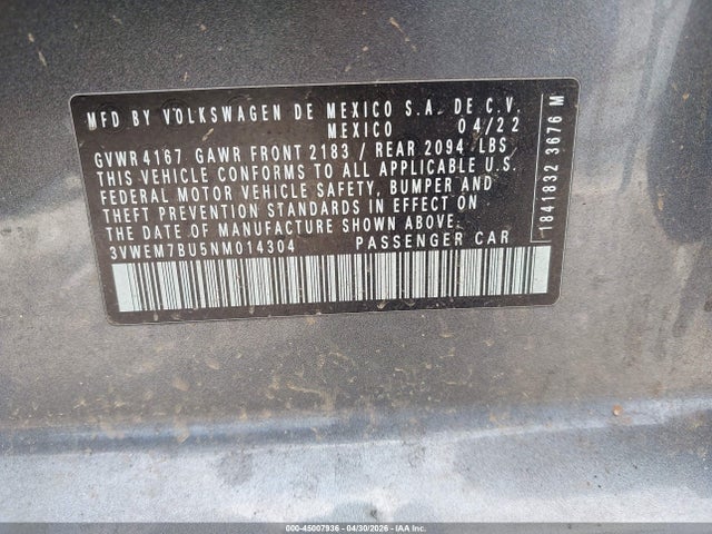Aukcja sprzedaży 2022 Volkswagen Jetta 1.5t Se, vin: 3VWEM7BU5NM014304, numer aukcji: 45007936