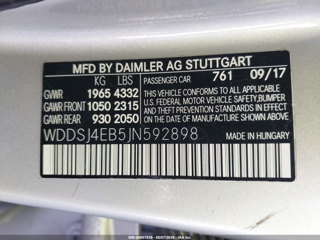 45007939 :رقم المزاد ، WDDSJ4EB5JN592898 vin ، 2018 Mercedes-benz Cla 250 مزاد بيع