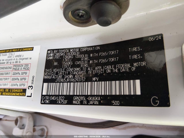 45007946 :رقم المزاد ، JTENU5JR1R6293157 vin ، 2024 Toyota 4runner Sr5 Premium مزاد بيع