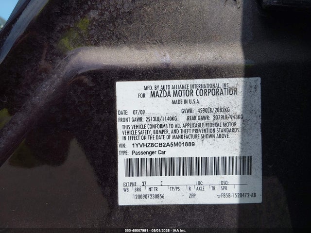 2010 Mazda Mazda6 S Grand Touring მანქანა იყიდება აუქციონზე, vin: 1YVHZ8CB2A5M01889, აუქციონის ნომერი: 45007951