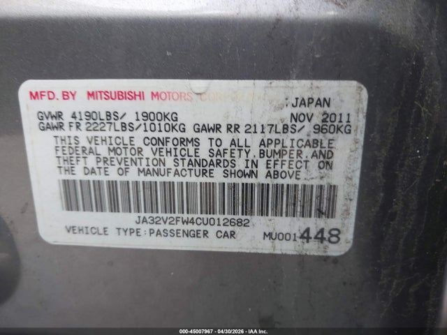 Aukcja sprzedaży 2012 Mitsubishi Lancer Se, vin: JA32V2FW4CU012682, numer aukcji: 45007967