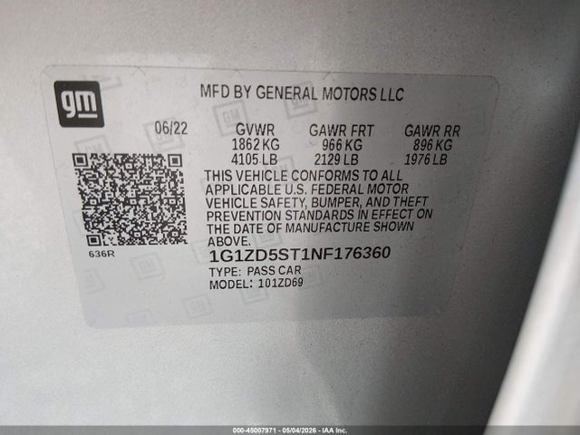 45007971 :رقم المزاد ، 1G1ZD5ST1NF176360 vin ، 2022 Chevrolet Malibu Fwd Lt مزاد بيع