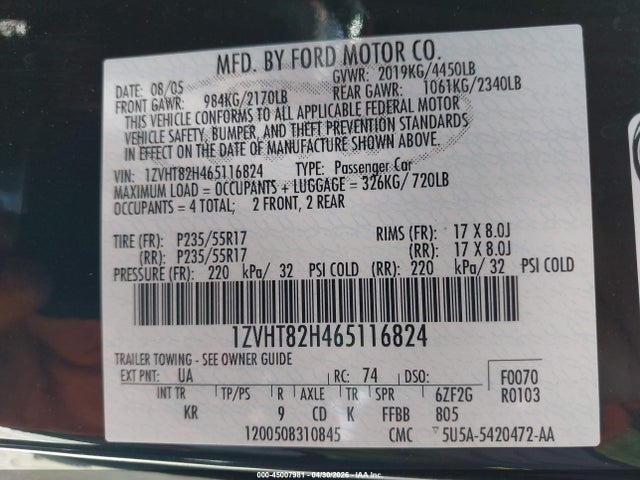 Aukcja sprzedaży 2006 Ford Mustang Gt, vin: 1ZVHT82H465116824, numer aukcji: 45007981