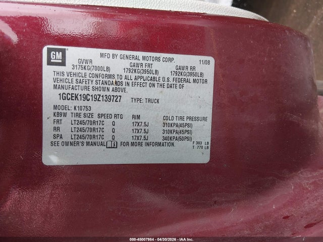 45007984 :رقم المزاد ، 1GCEK19C19Z139727 vin ، 2009 Chevrolet Silverado 1500 Work Truck مزاد بيع