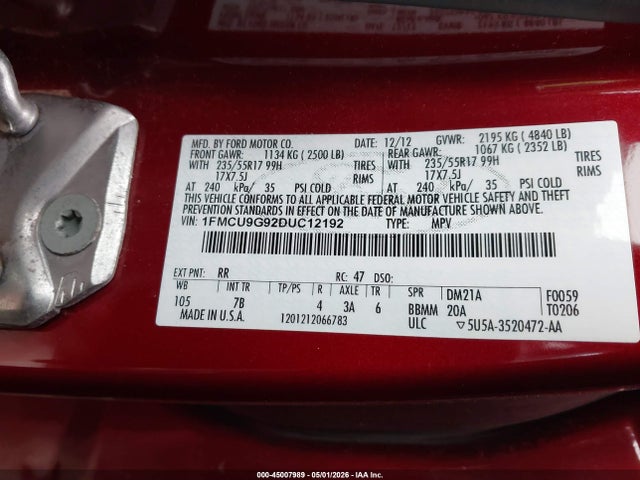 45007989 :رقم المزاد ، 1FMCU9G92DUC12192 vin ، 2013 Ford Escape Se مزاد بيع