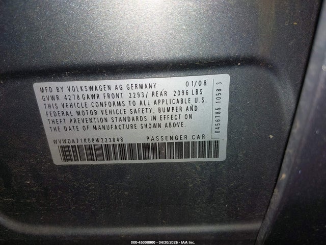 Продаж на аукціоні авто 2008 Volkswagen Rabbit S, vin: WVWDA71K08W223848, номер лоту: 45008000